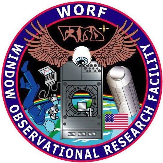 The patch logo for WORF, the Window Observational Research Facility on the ISS. Notice the Klingon writing under