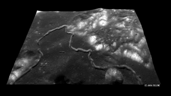 The Hadley Rille, at the foot of the Apennine Mountains encircling the Mare Imbrium where Apollo 15 landed (NASA/JAXA)