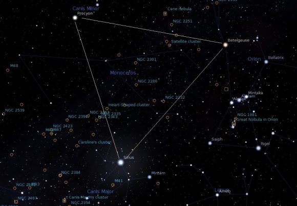 The Winter Triangle. Credit: constellation-guide.com/Stellarium software
