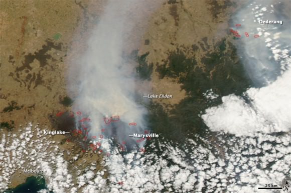 Satellite image aquired Feb. 9 of southeastern Australia bushfires. NASA image courtesy the MODIS Rapid Response Team, GSFC. 