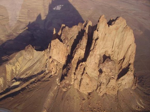 An aerial image of the Shiprock extinct volcano. Credit: Wikipedia Commons
