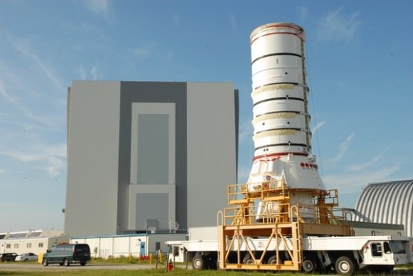 The Ares I-X aft assembly is on its way to the Vehicle Assembly Building to be stacked on the Mobile Launcher Platform. Credit: NASA.  Click the image to see more images on the Ares I-X Twitpic page. 