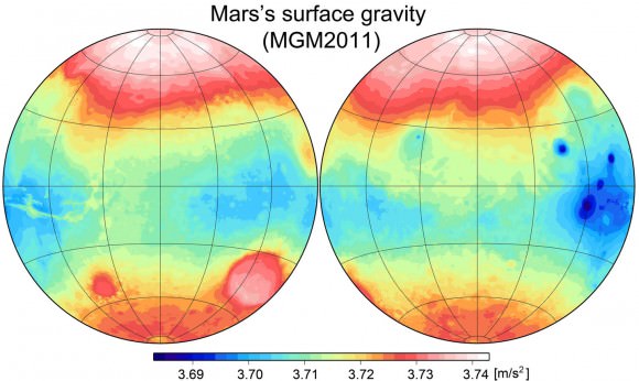 Fig. 2 Variations of gravity accelerations over Mars's surface. Azimuthal equidistant projection with a central meridian of 0° longitude (right) and 180° (left). Data shown is from MGM2011.