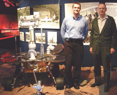 Chris Potts and Neil Mottinger with a model of the Mars Exploration Rover at JPL. Photo courtesy of Chris Potts