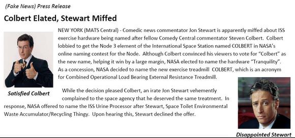 Fake Colbert/Stewart press release on Flight Day-6 execute package. 