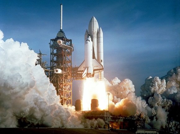 Space Shuttle Columbia launching on its maiden voyage on April 12th, 1981. Credit: NASA