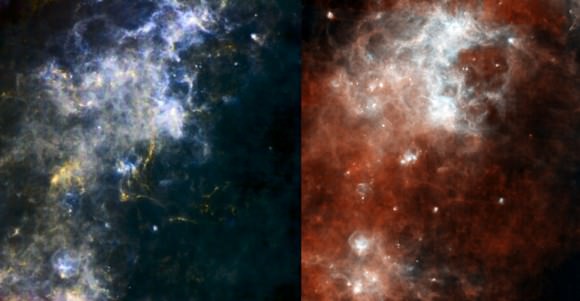 Herschel SPIRE (left) and PACS images.  Credit:  ESA