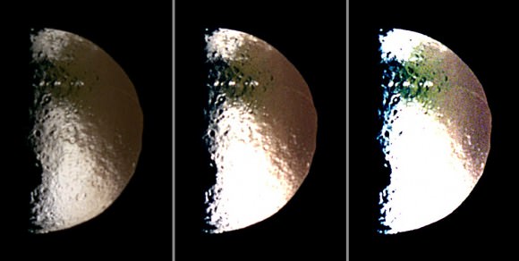 Three different false-color views of Saturn's moon Iapetus show the boundary of the global "color dichotomy" on the hemisphere of this moon facing away from Saturn. Credit: NASA/JPL/Space Science Institute