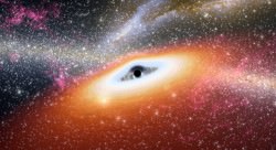 This artist's conception illustrates one of the most primitive supermassive black holes known (central black dot) at the core of a young, star-rich galaxy. Image credit: NASA/JPL-Caltech 