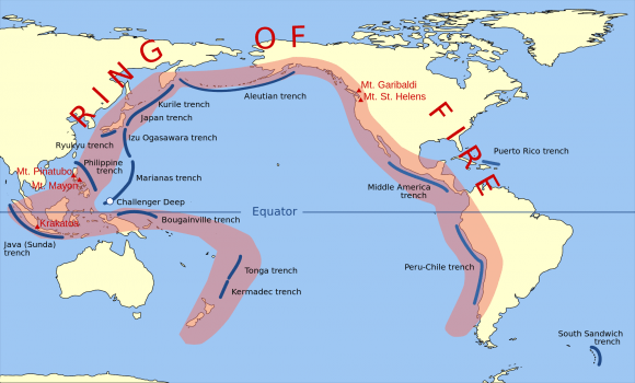 Pacyficzny Pierścień Ognia, ciąg regionów wulkanicznych rozciągający się od Południowego Pacyfiku do Ameryki Południowej. Credit: Public Domain