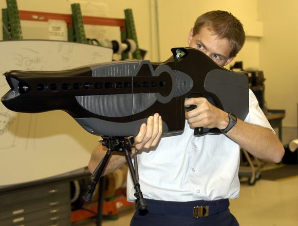 The personnel halting and stimulation response rifle (PHASR) is a prototype non-lethal laser dazzler developed by the Air Force Research Laboratory's Directed Energy Directorate, U.S. Department of Defense. Credit: USAF