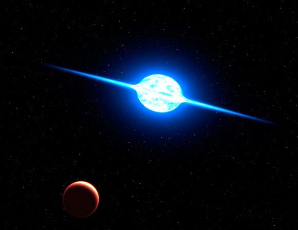 This is an artist's concept of the fastest rotating star found to date. The massive, bright young star, called VFTS 102, rotates at a million miles per hour, or 100 times faster than our Sun does. Centrifugal forces from this dizzying spin rate have flattened the star into an oblate shape and spun off a disk of hot plasma, seen edge on in this view from a hypothetical planet. The star may have "spun up" by accreting material from a binary companion star. The rapidly evolving companion later exploded as a supernova. The whirling star lies 160,000 light-years away in the Large Magellanic Cloud, a satellite galaxy of our Milky Way.  Credit: NASA, ESA, and G. Bacon (STScI)