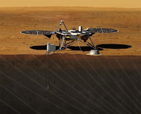 Artist rendition of NASA’s Mars InSight (Interior exploration using Seismic Investigations, Geodesy and Heat Transport) Lander. InSight is based on the proven Phoenix Mars spacecraft and lander design with state-of-the-art avionics from the Mars Reconnaissance Orbiter (MRO) and Gravity Recovery and Interior Laboratory (GRAIL) missions. Credit: JPL/NASA