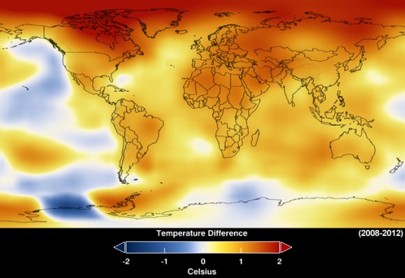 This map represents global temperature anomalies averaged from 2008 through 2012. Credit: NASA Goddard Institute for Space Studies/NASA Goddard's Scientific Visualization Studio.