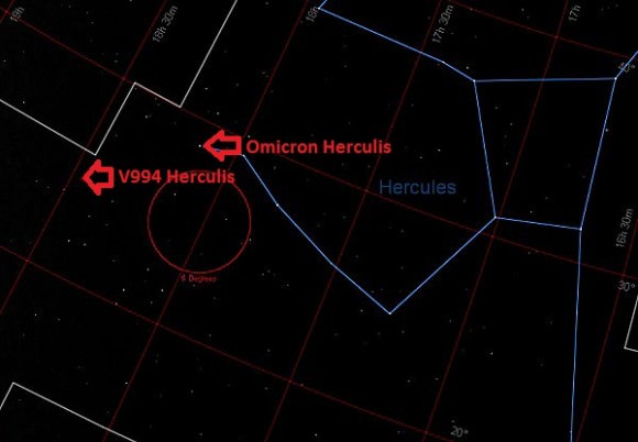 The location of V994 Herculis in the constellation Hercules. (created by the author using Starry Night).