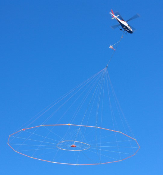 Koala helicopter towing Versatile Domain Electromagnetic Surveying equipment. (Credit: USGS).