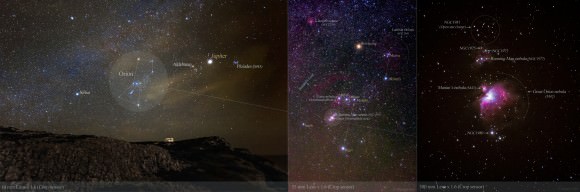 An annotated poster with a progression of images from Cape Espichel, Sesimbra in Portugal. Left is a wide field starscape, center is Orion's deep sky objects and right is a closeup of M42. Credit and copyright: Miguel Claro.