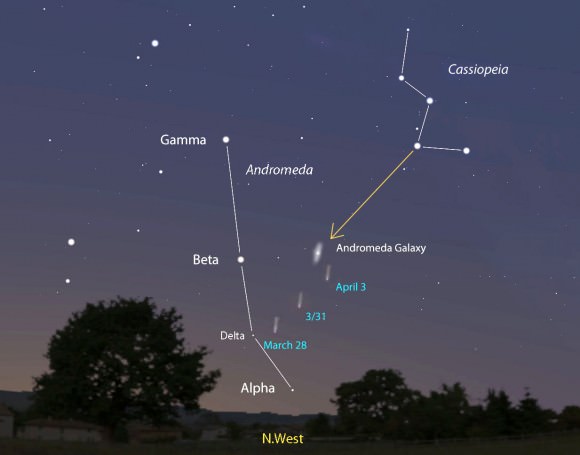 Comet PANSTARRS shown every three days as it moves across Andromeda, passing near the Andromeda Galaxy around April 3. You can use Cassiopeia to point you to Beta Andromedae and from there to the comet.  The map shows the sky facing northwest about one hour after sunset. Comet and galaxy brightness are exaggerated for the sake of illustration. Stellarium