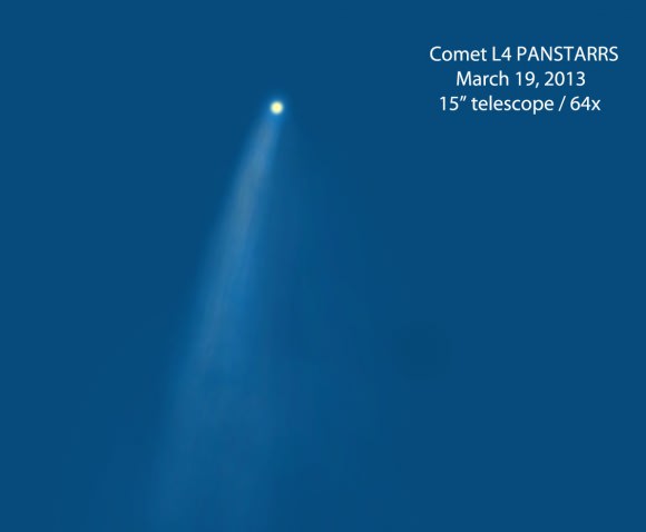 The comet at 64x through a 15-inch (37cm) telescope on March 19, 2013. The pale yellow false nucleus highlights the smooth, curved tail. Illustration: Bob King