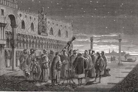 The first star party? Galileo shows of the sky in Saint Mark's square in Venice. Note the lack of adaptive optics. (Illustration in the Public Domain).