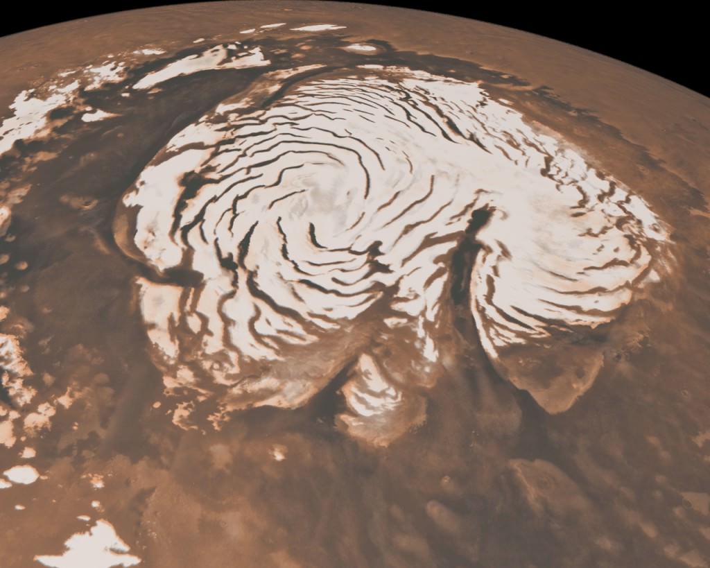 Mars' north polar ice cap, captured by NASA’s Mars Global Surveyor. Credit: NASA/JPL-Caltech/MSSS 