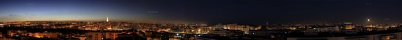 Panoramic view over Almada City and Lisbon at the Nautical Twilight, with the Full moon rising above the Eastern horizon (right side of the image), while at the same time but in the opposite direction, the planets Venus, Mercury and Jupiter, are aligned in a triangle formation, setting in the Western horizon (left side of the image).In this panoramic picture is also visible the smooth light transition in the sky, with the end of Nautical Twilight and the beginning of Astronomical Twilight (almost night), at right. Facing to North, is visible the great lighted Monument Christ the King and at the left side of it, part of the 25 April Bridge that connects Almada to Lisbon.  Canon 50D - ISO200; f/4; Exp. 1,6 Sec; 35mm. Panoramic of 10 images with about 200º, taken at 21h42 in 25/05/2013.  Credit: Miguel Claro - www.miguelclaro.com