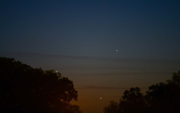 Triple conjunction from  Hondo, Texas taken with a Nikon D800 @ ISO 400 and a 2 second exposure with a Nikon 300mm Lens at F/4.  Credit: Adrian New 