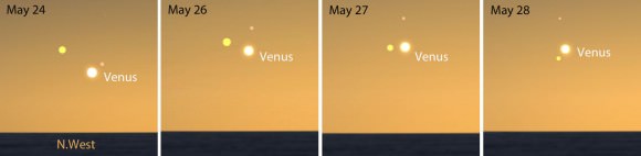 Three bright planets will highlight the northwestern sky this week and early next. Mercury is shown in pink and Jupiter in yellow. Stellarium