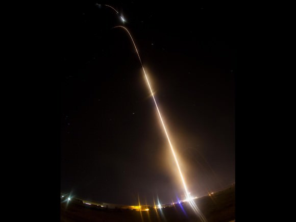 NASA Time lapse view shows multiple stages firing during night launch of NASA Black Brant XII suborbital rocket at 11:05 p.m. EDT above Atlantic Ocean on June 5, 2013 from the NASA Wallops Flight Facility carrying the CIBER astronomy payload. Credit: NASA/Jamie Adkins