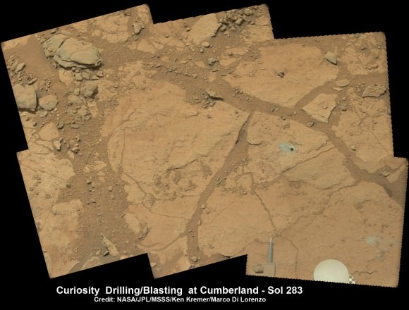 Context view of Curiosity’s 2nd drill site at Cumberland rock on the floor of Yellowknife Bay basin of ancient water altered rocks where the rover found environmental conditions favorable for microbial life. Mastcam images on May 23, 2013, Sol 283.  Credit: NASA/JPL-Caltech/MSSS/Ken Kremer (kenkremer.com)/Marco Di Lorenzo   
