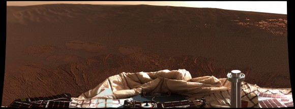 1st color panorama taken by Opportunity after landing inside Eagle Crater on Jan. 24, 2004. Credit:  NASA/JPL/Cornell 