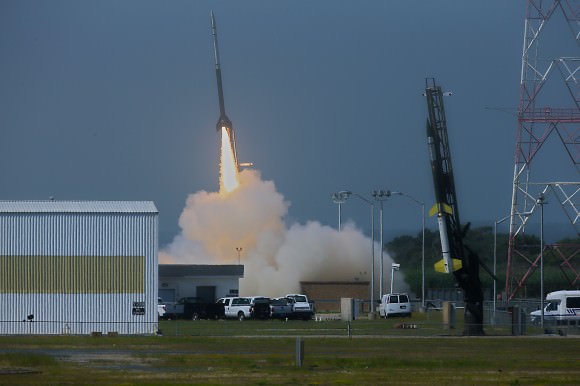 A Black Brant V launches first in support of Daytime Dynamo. Terroer improved Orion (at right) followed 15 seconds later from NASA Wallops on July 4, 2013. Credit:  NASA/P. Black