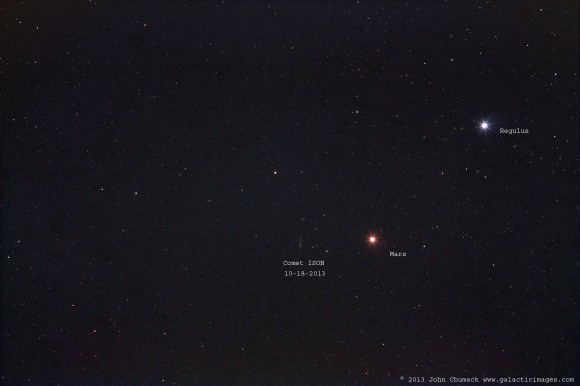 Comet ISON C/2012 S1, Mars, & Regulus on 10-18-2013 Warrenton, Virginia 6:27am EST Canon Rebel Xsi & 170mm lens F6.3, ISO 400, 6 minutes 6 secs. Credit and Copyright: John Chumack. 