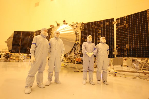 MAVEN team members, including chief scientist Bruce Jakosky (2nd from left)  pose with spacecraft inside the cleanroom at the Kennedy Space Center on Sept. 27, 2013. Credit: Ken Kremer/kenkremer.com