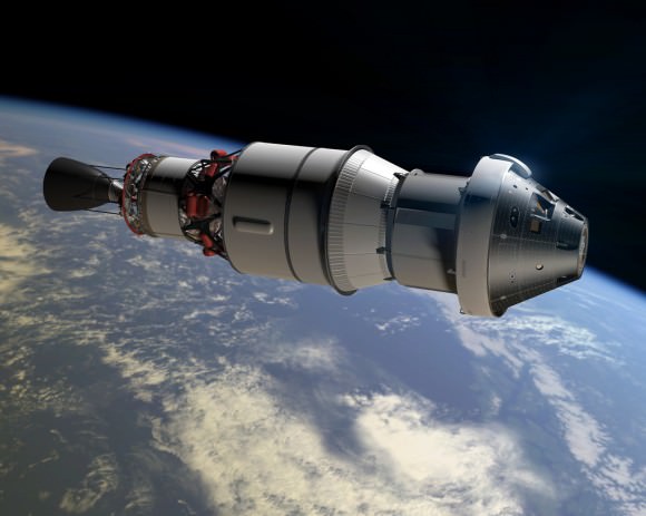 An artist concept shows Orion as it will appear in space for the Exploration Flight Test-1 attached to a Delta IV rockets Centaur second stage.   Credit: NASA