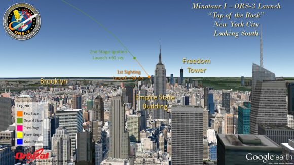 Minotaur 1 launch trajectory map for Rockefeller Center N.Y.C.