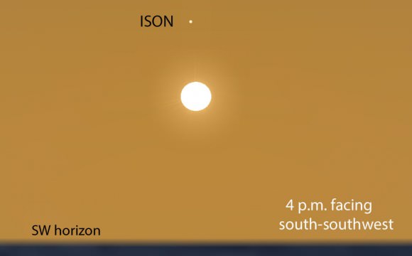 Our final view shows the comet shortly before sunset in the southwestern sky when it lie about 2.5 degrees directly above the sun. 