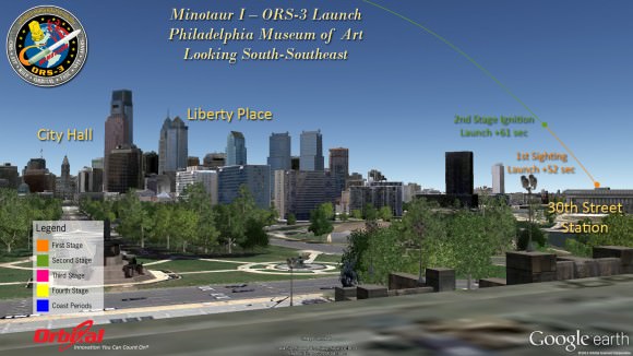 Minotaur 1 launch trajectory map for Philadelphia P.A.
