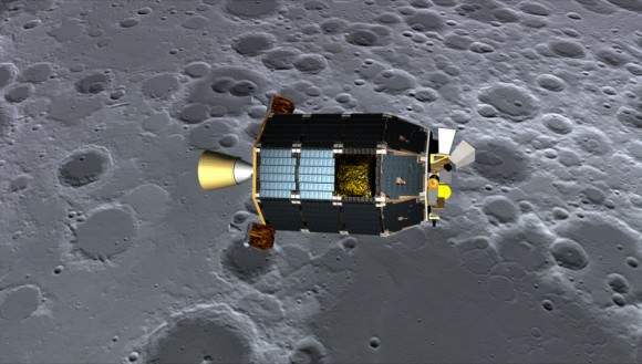 Artist's conception of NASA's Lunar Atmosphere and Dust Environment Explorer (LADEE) orbiting above the moon. Credit: NASA Ames/Dana Berry