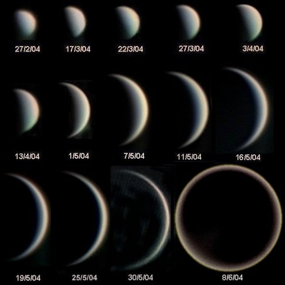 Phases of Venus during 2004 photographed through a telescope. When very close to inferior conjunction (bottom right) the crescent is seen to extend fully around the planet. Credit: Statis Kalyva / Wikipedia