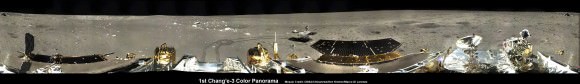 1st 360 Degree Color Panorama from China’s Chang’e-3 Lunar Lander. This 1st color panorama from Chang’e-3 lander shows the view all around the landing site after the ‘Yutu’ lunar rover left impressive tracks behind when it initially rolled all six wheels onto the pockmarked and gray lunar terrain on Dec. 15, 2013. Mosaic Credit: CNSA/Chinanews/Ken Kremer/Marco Di Lorenzo – kenkremer.com