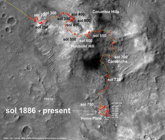 Spirit Rover traverse map from Husband Hill to resting place at Home Plate: 2004 to 2011