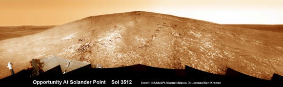 Opportunity by Solander Point peak – 2nd Mars Decade Starts here!  NASA’s Opportunity rover captured this panoramic mosaic on Dec. 10, 2013 (Sol 3512) near the summit of “Solander Point” on the western rim of Endeavour Crater where she starts Decade 2 on the Red Planet. She is currently investigating outcrops of potential clay minerals formed in liquid water on her 1st mountain climbing adventure. Assembled from Sol 3512 navcam raw images. Credit: NASA/JPL/Cornell/Marco Di Lorenzo/Ken Kremer-kenkremer.com  