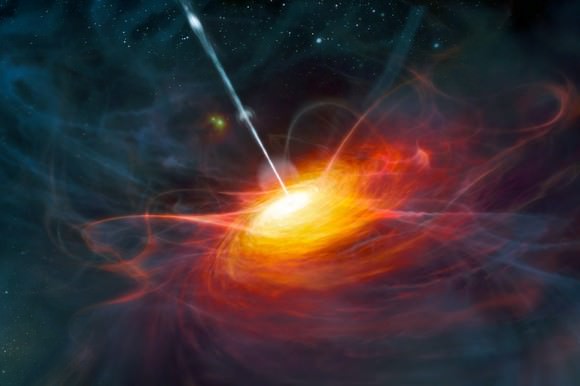 Artist’s interpretation of ULAS J1120+0641, a very distant quasar with a supermassive black hole at its heart.
Credit: ESO/M. Kornmesser