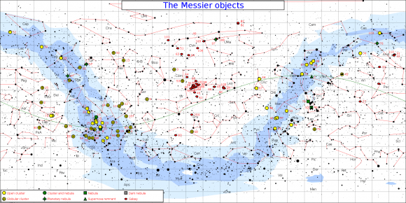 An all-sky map showing the distribution of Messier objects. (Click to enlarge). Credit: Jim Cornmell under a Wikimedia Commons Attribution-Share Alike 3.0 Unported license. 