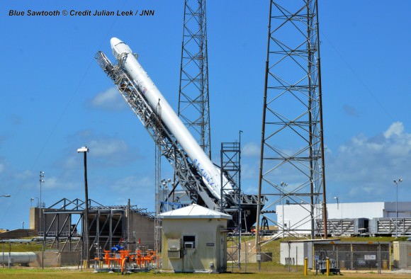 SpaceX Falcon 9 rocket preparing for April 18, 2014 liftoff from Space Launch Complex 40 at the Cape Canaveral Air Force Station, Fla.  Credit: Julian Leek 