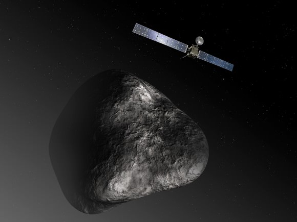 Rosetta flies above Comet 67P/Churyumov–Gerasimenko in this 2013 artist's impression. Credit: ESA–C. Carreau/ATG medialab