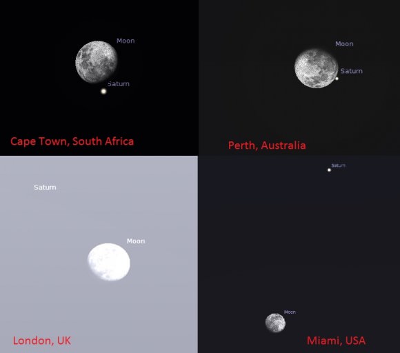 4x selected views of the occultation/conjunction of the Moon and Saturn on June 10th worldwide. (Credit: Stellarium). 