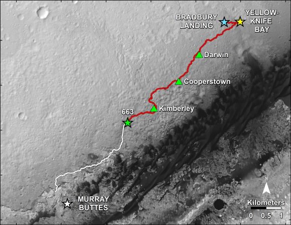 This map shows in red the route driven by NASA's Curiosity Mars rover from the "Bradbury Landing" location where it landed in August 2012 (blue star at upper right) to nearly the completion of its first Martian year. The white line shows the planned route ahead.  Image Credit: NASA/JPL