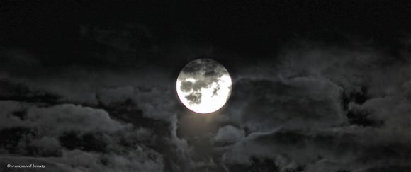 An over-exposed beauty showing the full Moon rising through the clouds on July 12, 2014 near  Bromsgrove, England, United Kingdom. Credit and copyright: Sarah and Simon Fisher. 